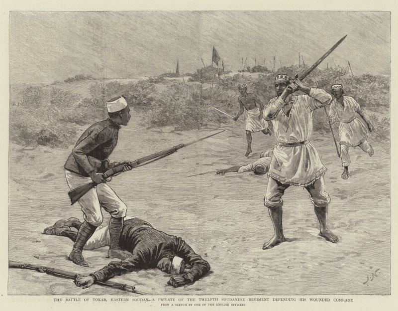 तोकर की लड़ाई, पूर्वी सौदान, बारहवीं सौदानी रेजिमेंट के एक निजी ने अपने घायल कॉमरेड का बचाव किया द्वारा जोसेफ नैश