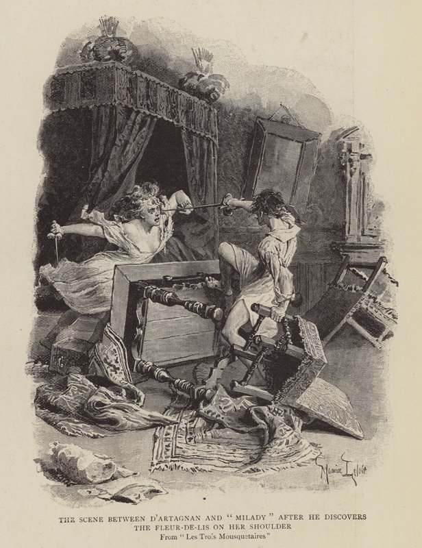 D&39;rtagnan और Milady के बीच का दृश्य उसके कंधे पर फ़्लूर-डे-लिस को पता चलता है द्वारा मौरिस लेलोइर
