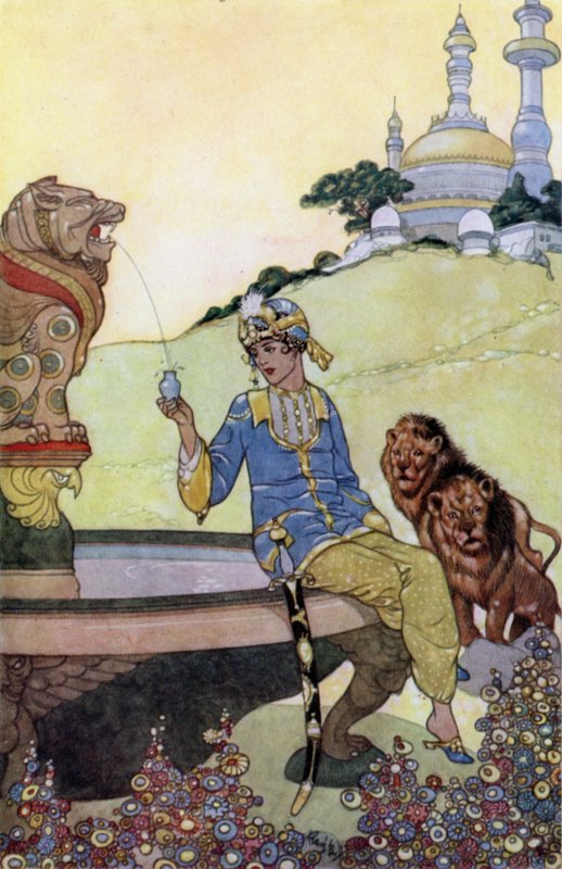 प्रिंस अहमद अपनी बोतल भरते हैं (रंग लिथो) द्वारा रेने बुल