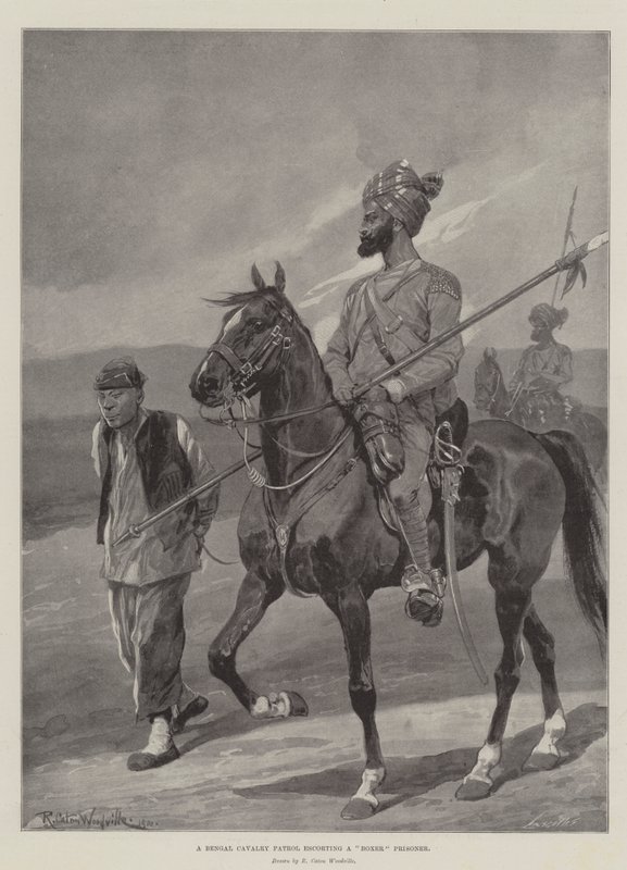 एक बॉक्सर कैदी को एस्कॉर्ट करते हुए बंगाल कैवेलरी पैट्रोल द्वारा रिचर्ड केटन वुडविले जूनियर