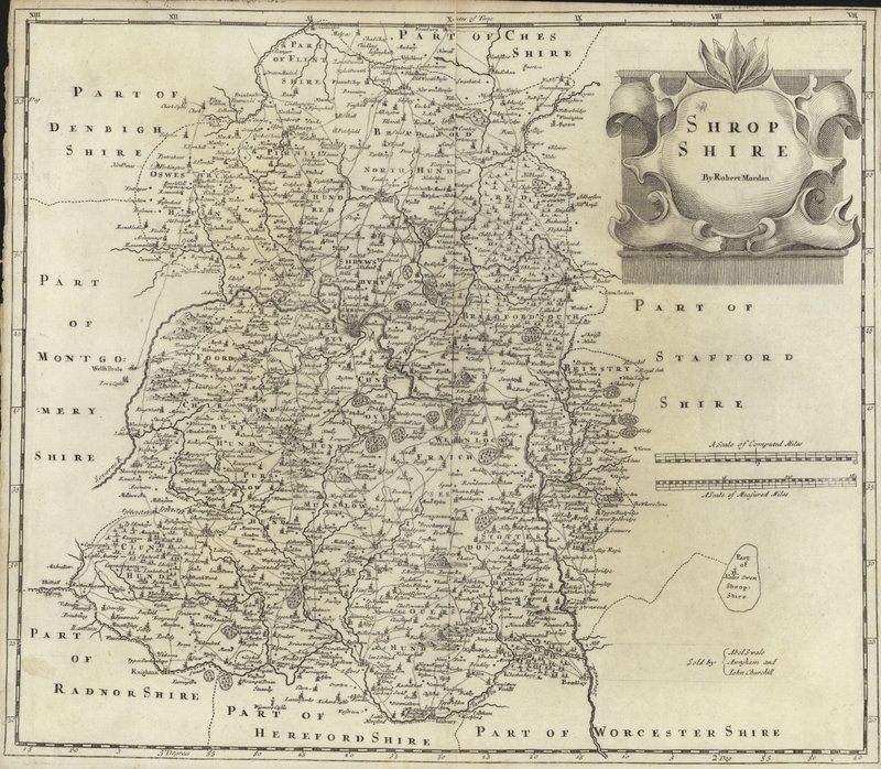 Shropshire का नक्शा (रंग उत्कीर्णन) द्वारा रॉबर्ट मोर्डन