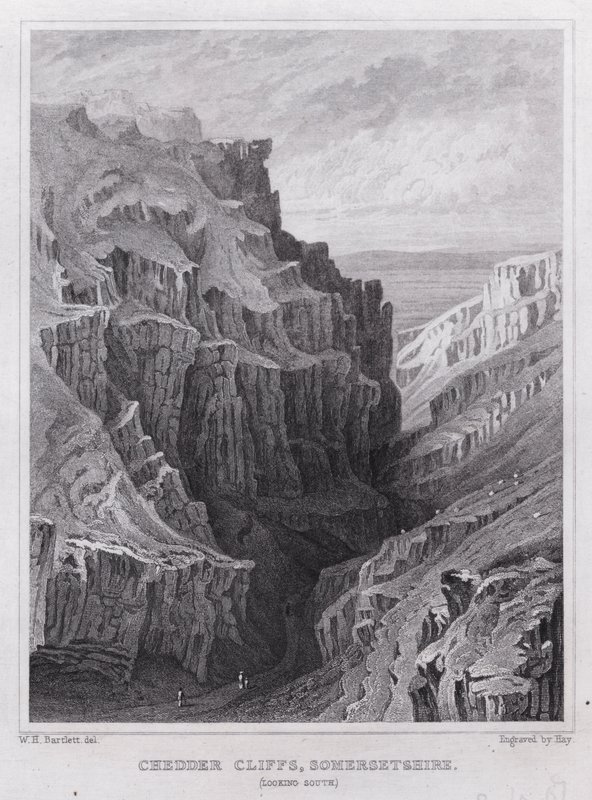 चेडर क्लिफ्स, समरसेटशायर, दक्षिण की ओर (उत्कीर्णन) द्वारा विलियम एच। बार्टलेट